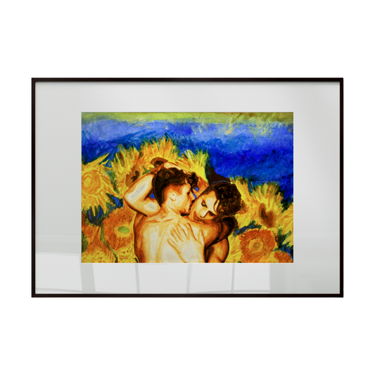 Framed artwork of two nude figures surrounded by sunflowers on a white background