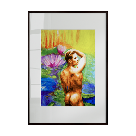 a nude figure gracefully positioned among water lilies against a clean white background. Soft brushstrokes and delicate colors create a serene, dreamlike atmosphere, emphasizing tranquility