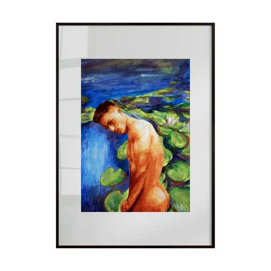 a nude gay male figure resting beside a tranquil green lily pond. Surrounded by lush tones of nature, the composition evokes calm, introspection, and a deep connection between the body and its environment. Soft brushstrokes and layered greens create a meditative atmosphere
