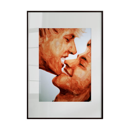 Framed artwork of two faces close together on a white background