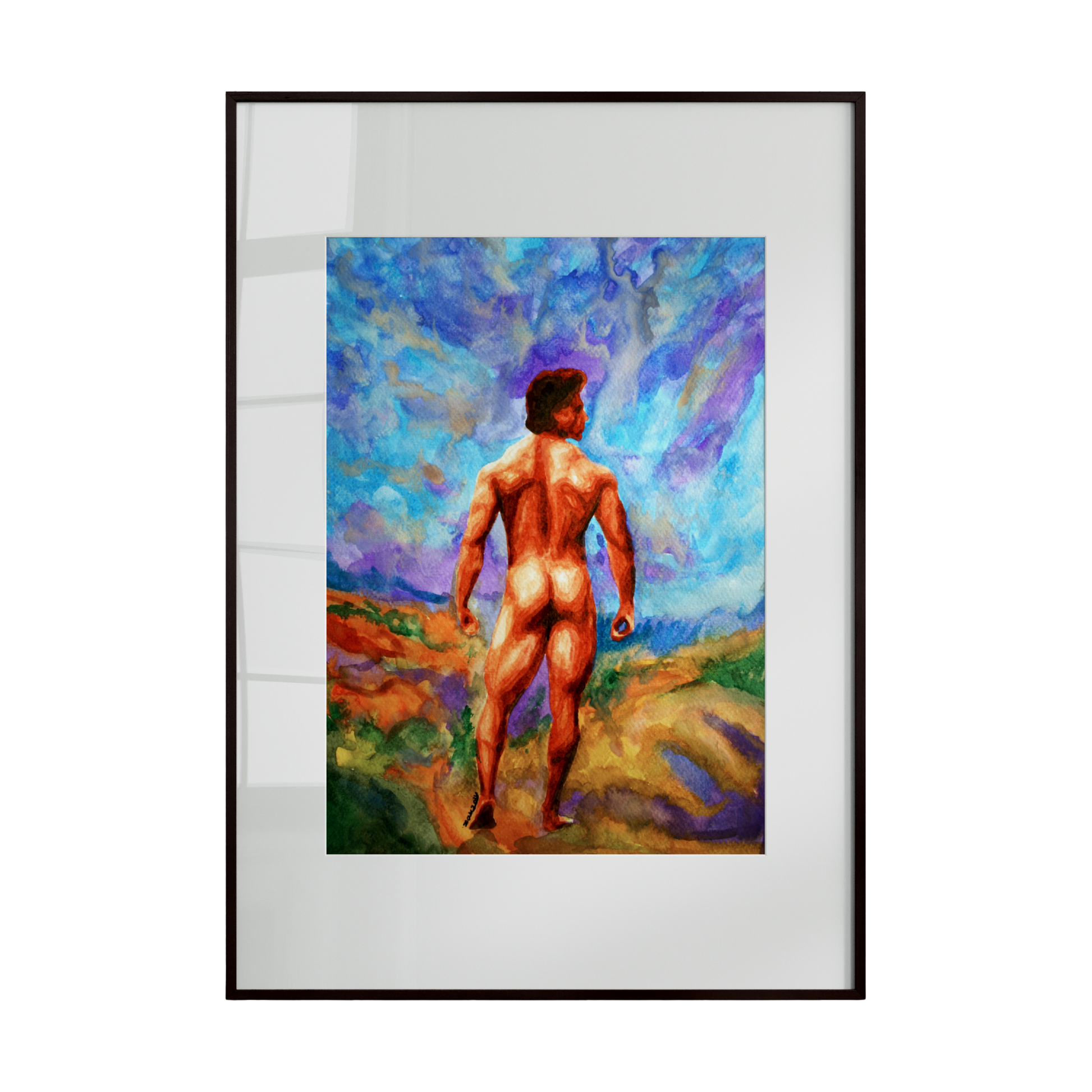 a nude figure standing within a vibrant, expressive landscape. Bold colors and flowing brushstrokes create a sense of movement and emotional depth, blurring the boundary between body and environment. 
