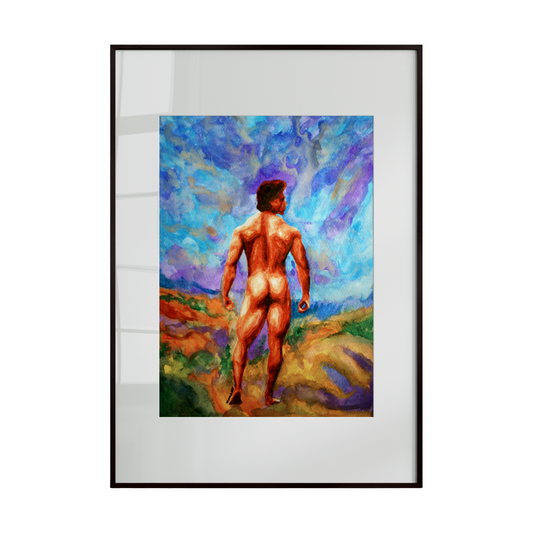 a nude figure standing within a vibrant, expressive landscape. Bold colors and flowing brushstrokes create a sense of movement and emotional depth, blurring the boundary between body and environment. 