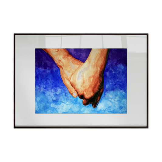 two hands gently holding each other against a calm blue background. The soft brushstrokes and subtle color gradients convey trust,