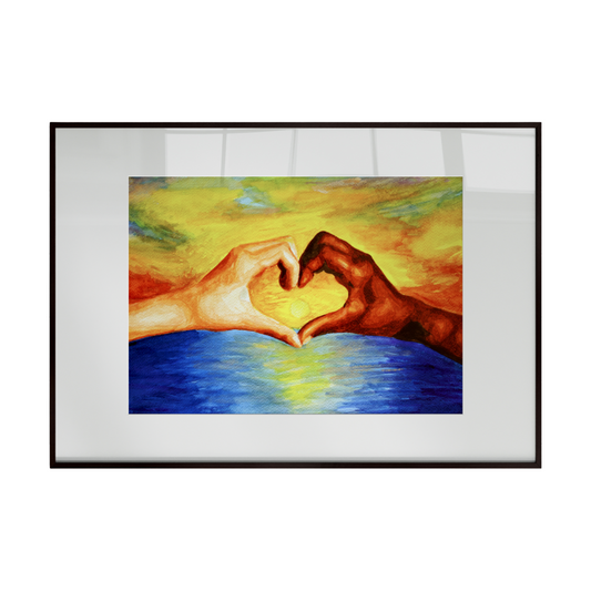 two hands forming a heart shape against a vibrant sunset background. Warm oranges, pinks, and purples blend with soft brushstrokes, creating a serene and romantic atmosphere.