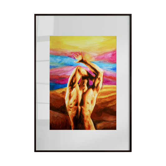 nude figure with arms raised in a surreal, expressive pose, set against a backdrop of colorful rolling hills