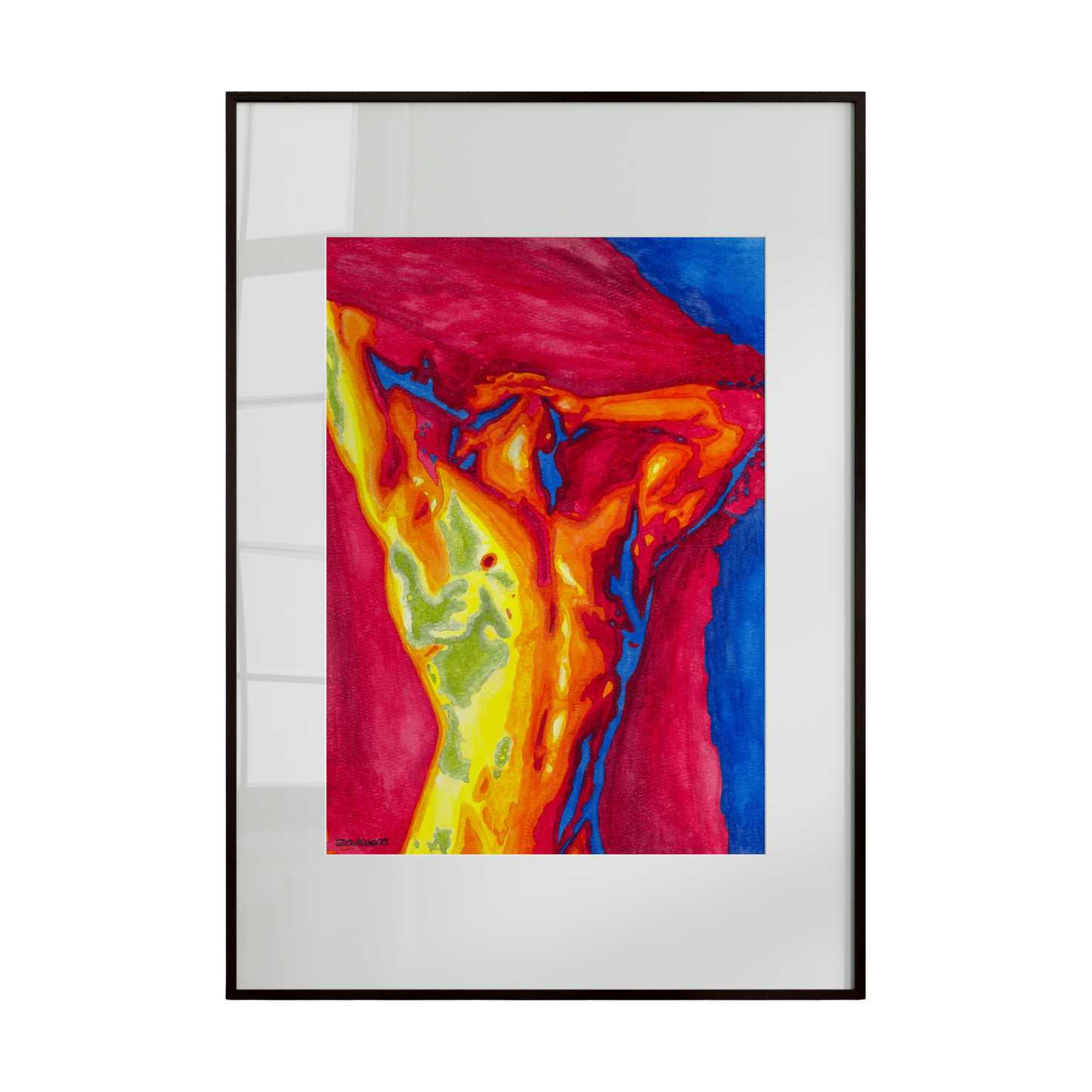 Framed abstract artwork with vibrant colors on a white background