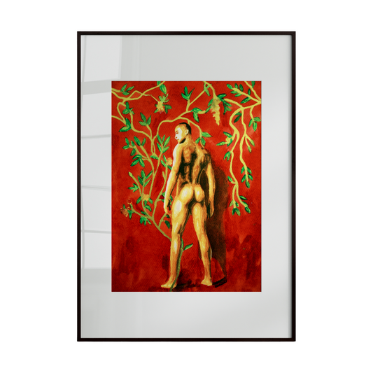 A framed artwork depicting a nude figure intertwined with green vines against a bold red background. The composition contrasts organic growth with intense color, highlighting vulnerability, strength, and natural beauty.