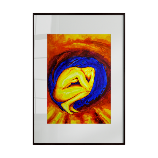 nude male figure seated in a crouched, introspective pose. Warm and cool tones interplay across the composition, creating contrast and visual tension. The figure is positioned beside a rounded architectural form, 