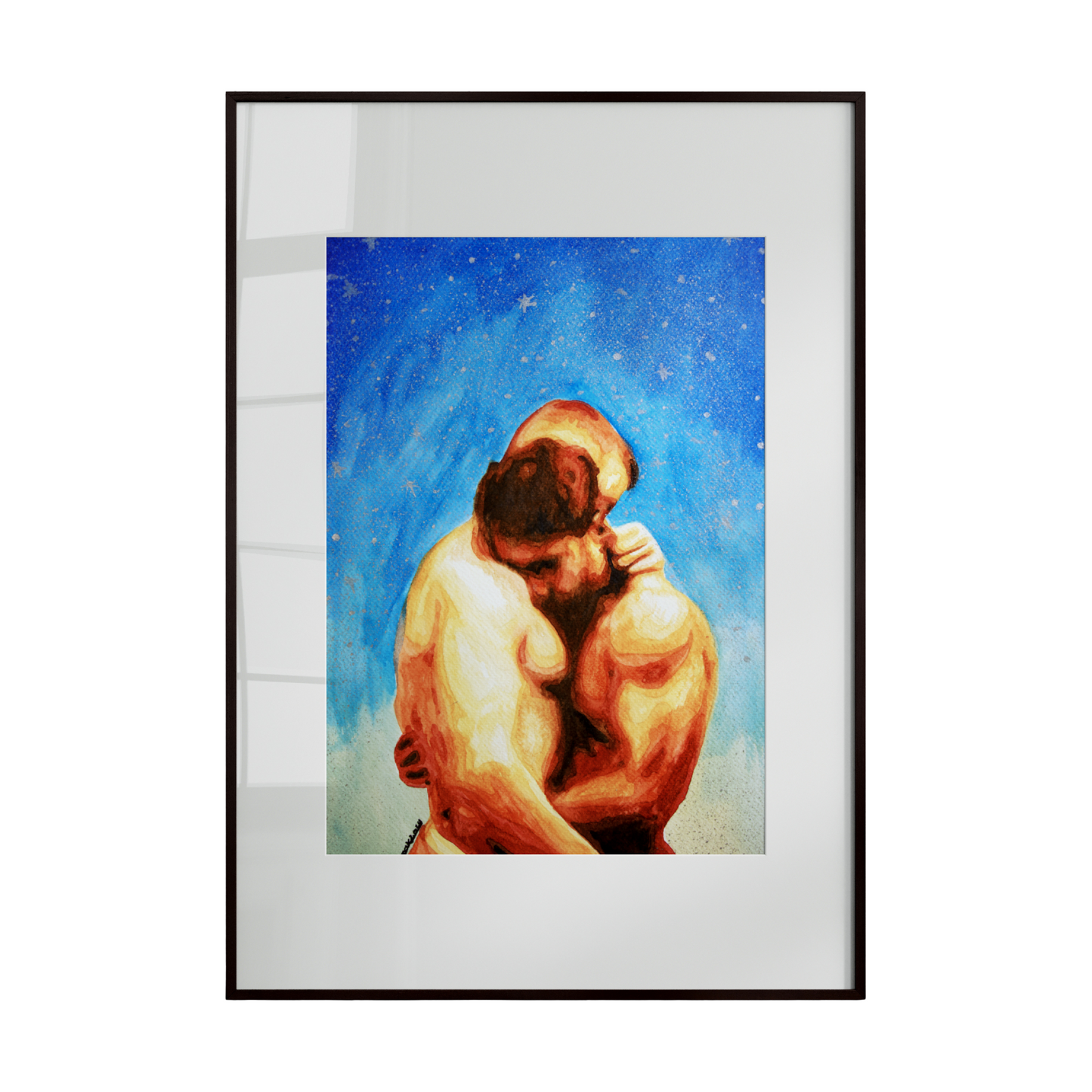 two nude male figures in a tender embrace beneath a vast, serene blue sky. The simplicity of the composition emphasizes their connection, intimacy, and vulnerability, 