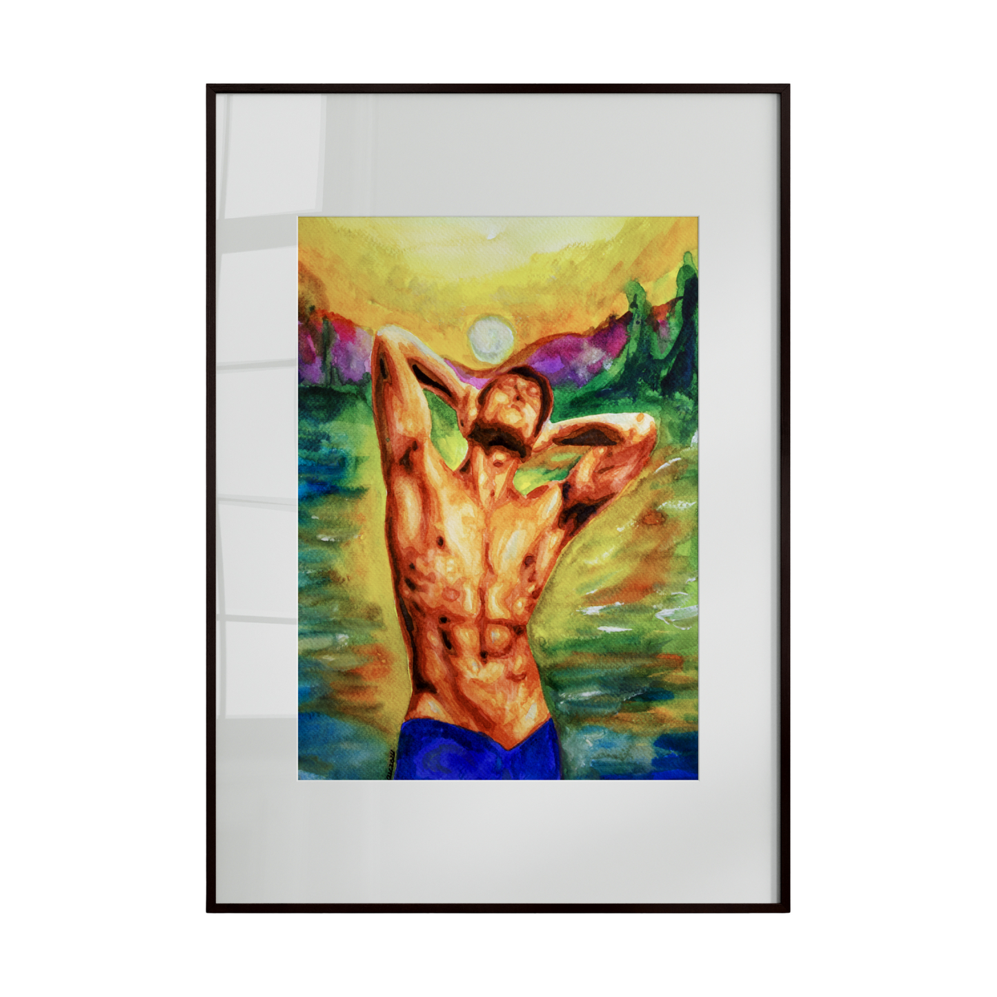 a shirtless man wearing blue shorts, set against a lively, colorful background. Bold brushstrokes and dynamic hues convey energy, 