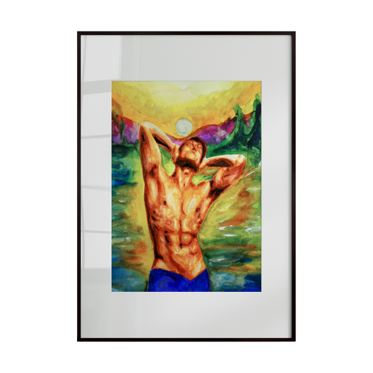 a shirtless man wearing blue shorts, set against a lively, colorful background. Bold brushstrokes and dynamic hues convey energy, 