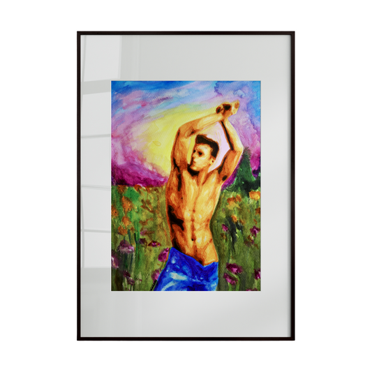  a shirtless man standing in a field beneath a vibrant, colorful sky. Soft and expressive brushstrokes capture the movement of the landscape and the gentle flow of light, emphasizing freedom, 