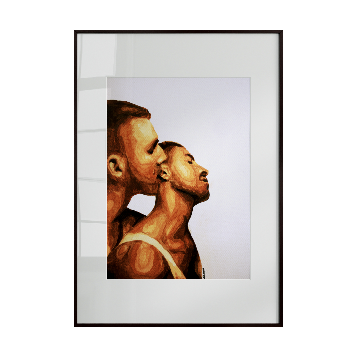 two gay men from the waist up, with one gently kissing the other’s neck from behind. Set against a clean white background