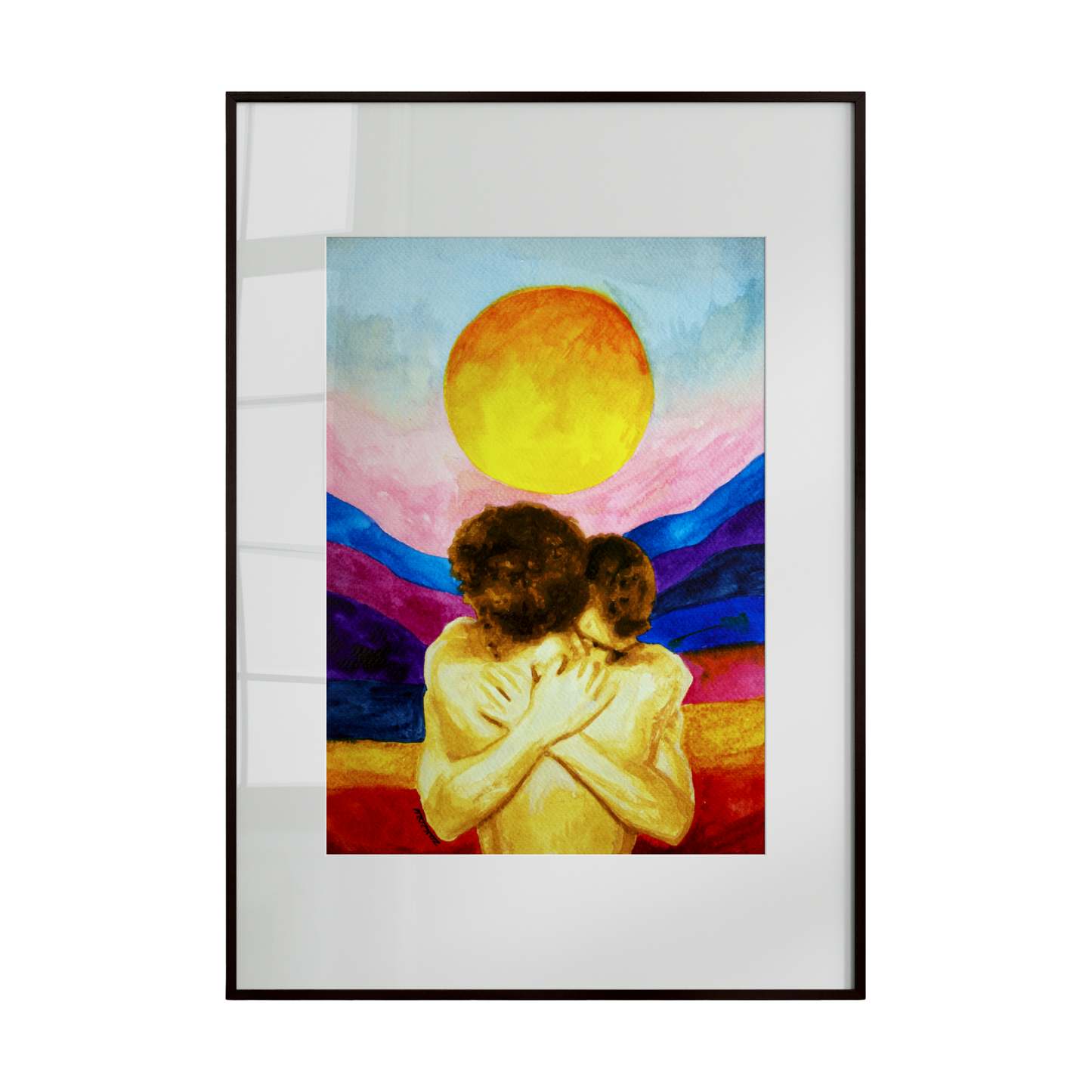 two nude men holding each other beneath a setting sun, surrounded by softly colored hills. The warm light of the horizon merges with flowing forms and expressive hues, conveying tenderness