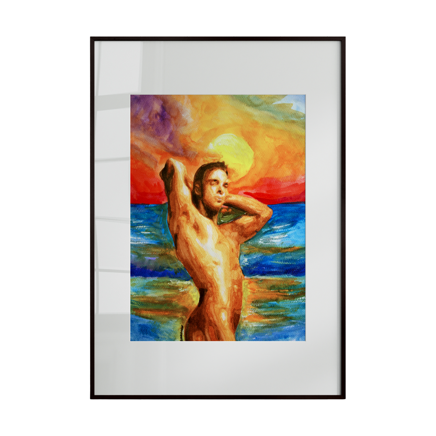A watercolor painting of a muscular nude young man standing by the ocean at sunset, flexing his arms behind his head. Warm golden tones glow across the sky as they blend into the deep blue sea, symbolizing queer pride, inner strength, and serene self-acceptance.