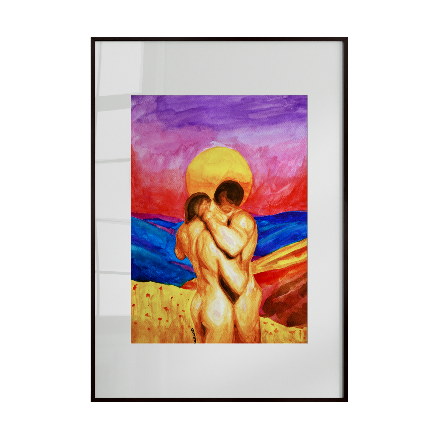 two nude male figures embracing as a single form, symbolizing unity, trust, and emotional harmony. A large orange-yellow sun sets behind them, casting warmth across their bodies, 