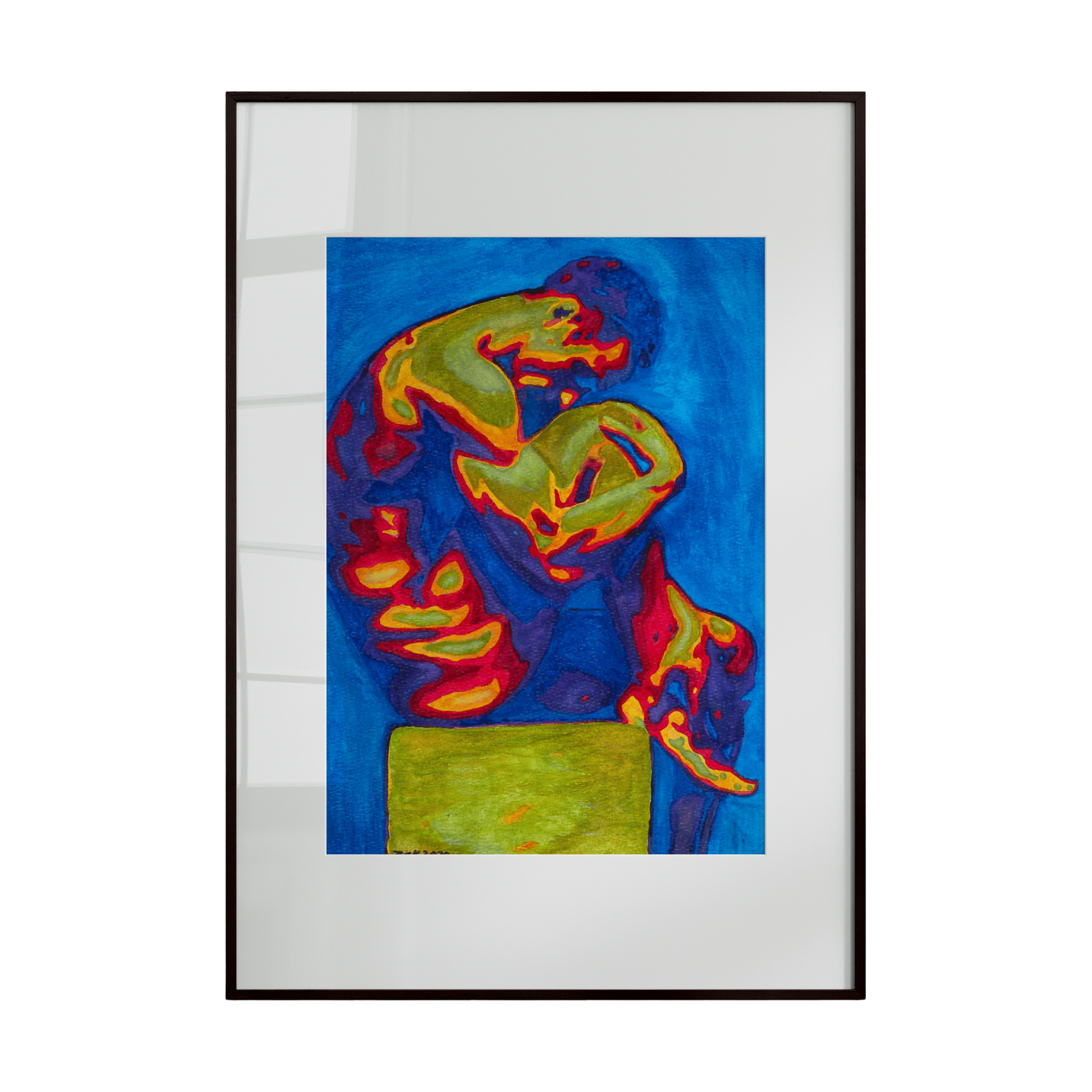 Framed abstract artwork with vibrant colors on a white background