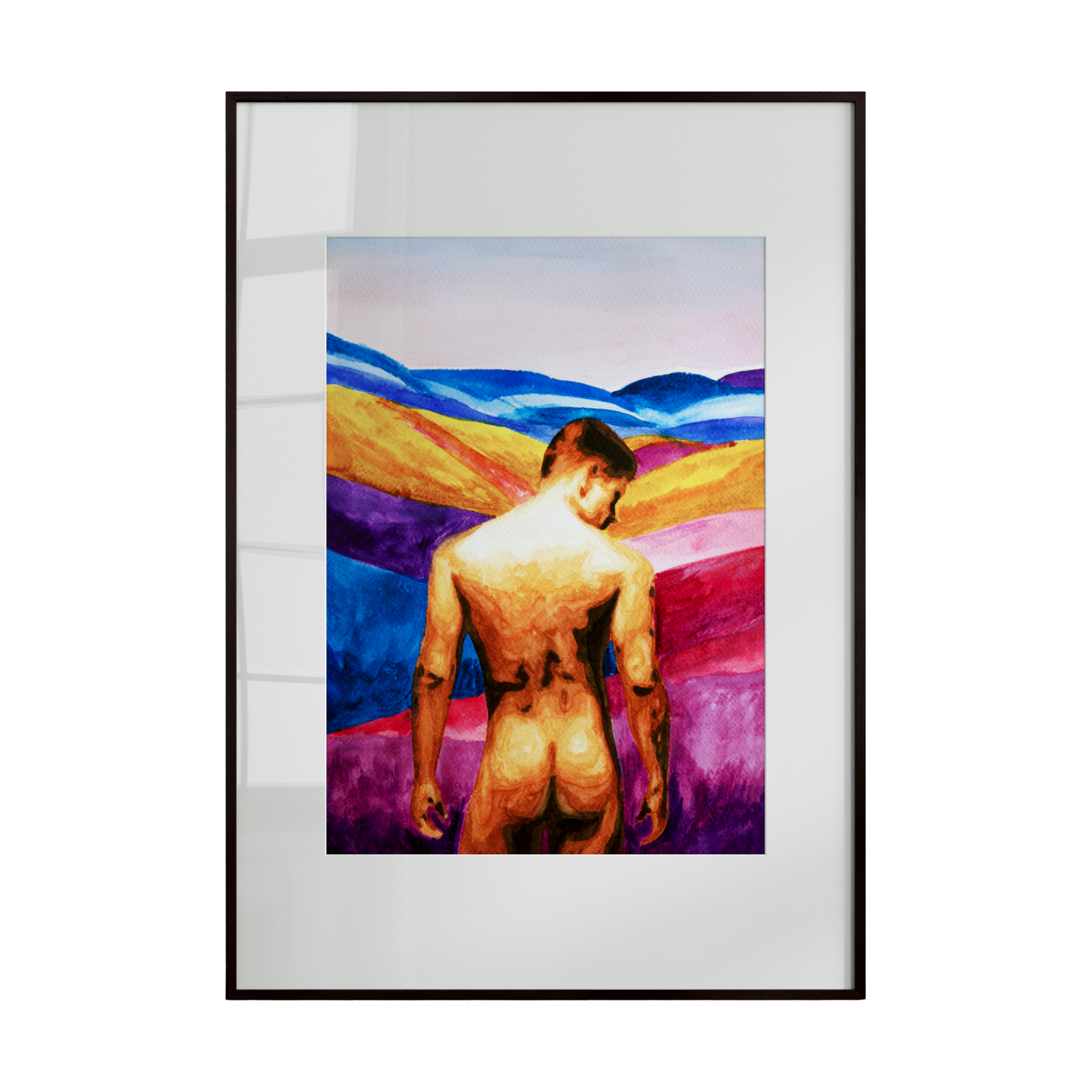 A minimalist yet expressive print of a nude male figure seen from behind, gazing toward distant, colorful hills. The composition highlights the natural form of the body while evoking introspection, freedom, and LGBTQ+ identity.