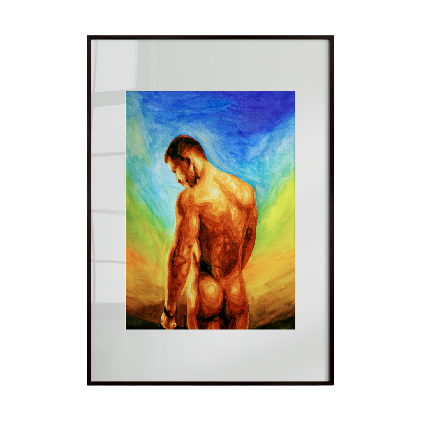 A watercolor painting of a nude male with a strong, beautiful body, proudly facing a rainbow-colored sunset sky. The piece symbolizes queer pride, strength, and self-liberation. Original Zak Pop Art.