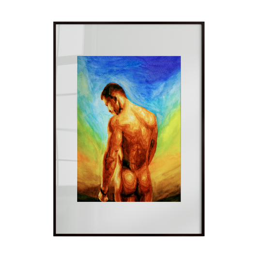 A watercolor painting of a nude male with a strong, beautiful body, proudly facing a rainbow-colored sunset sky. The piece symbolizes queer pride, strength, and self-liberation. Original Zak Pop Art.
