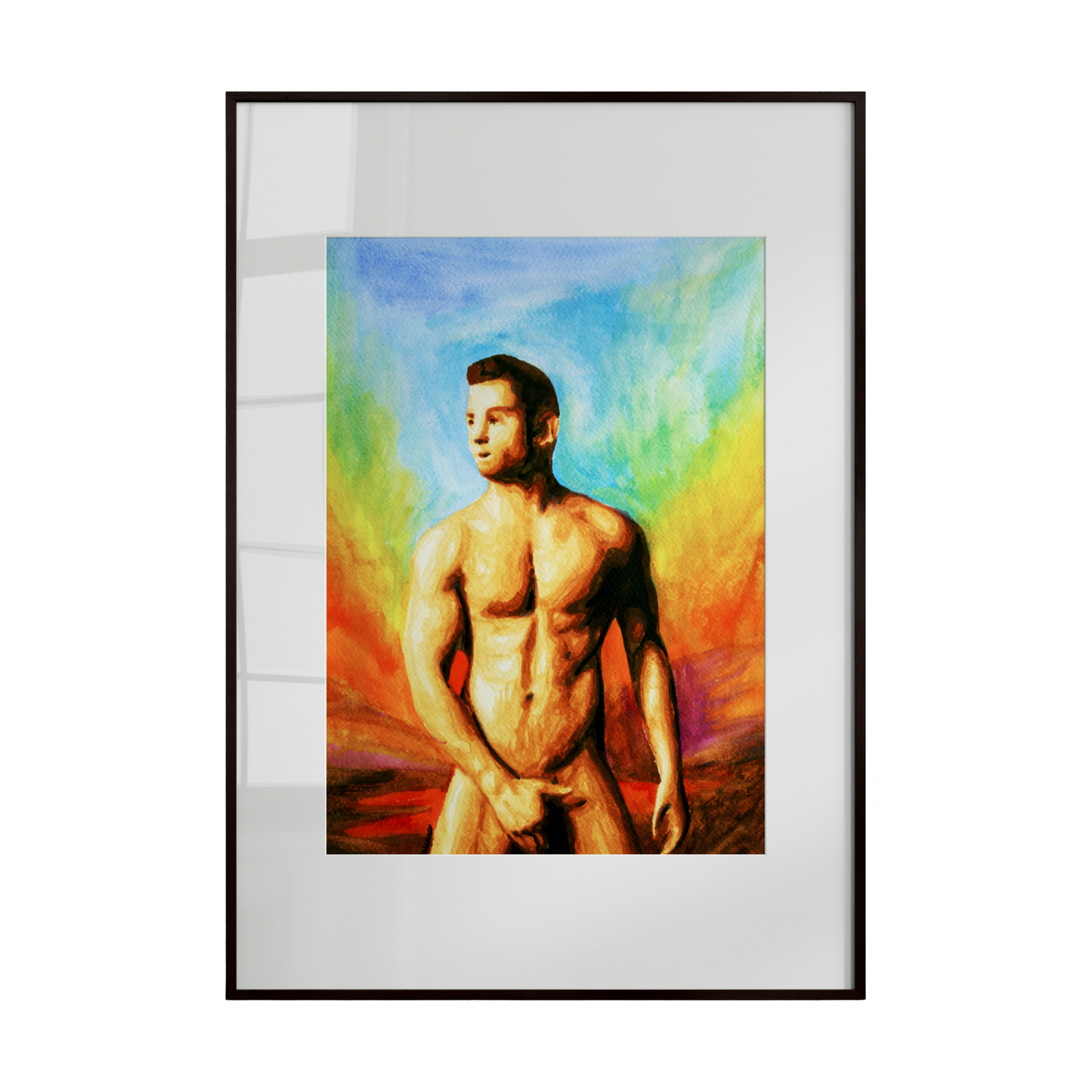 This watercolor painting portrays a muscular male figure standing beneath a radiant rainbow sky. With his hands modestly placed, the figure embodies a balance between strength and vulnerability. The flowing colors and soft brushwork celebrate pride, self-acceptance, and quiet resilience—hallmarks of Zak Pop Art.