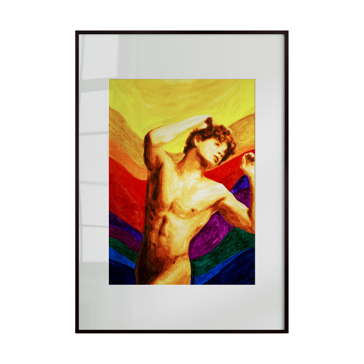 Framed artwork of a nude figure on a rainbow background