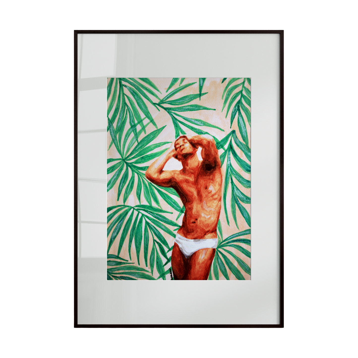Framed artwork of a person in a swimsuit with a tropical leaf pattern