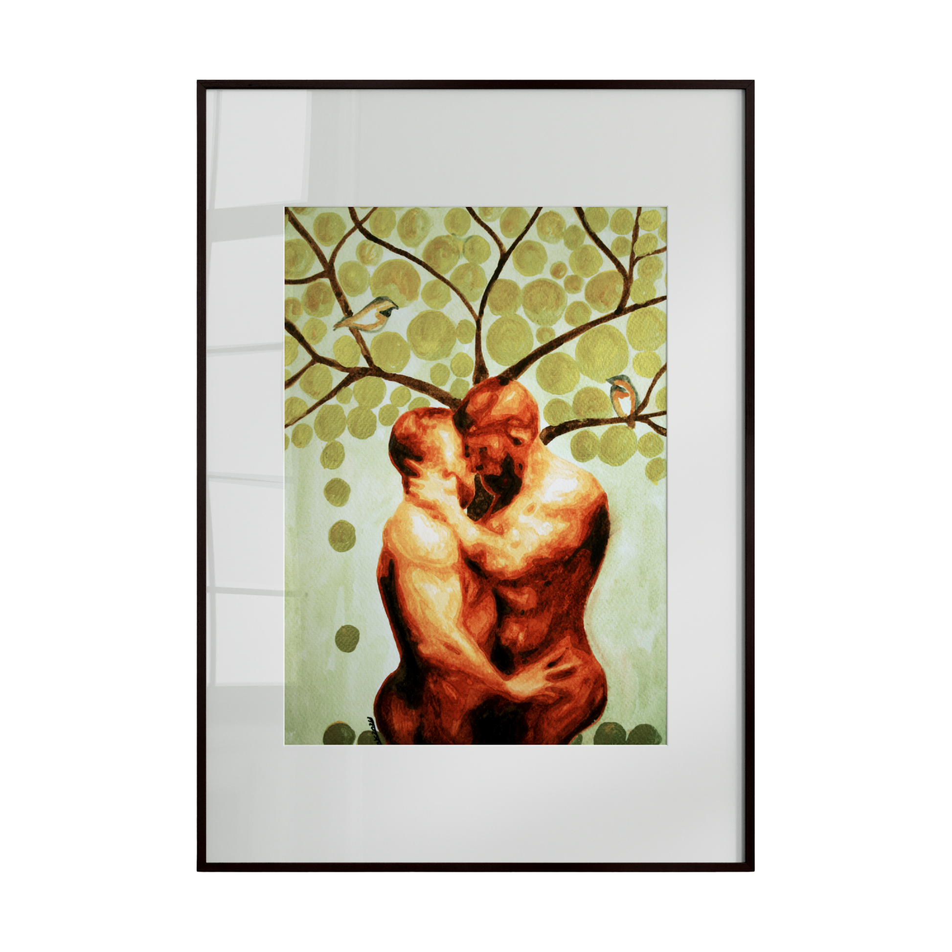 Framed artwork of a couple embracing with a tree design in the background.