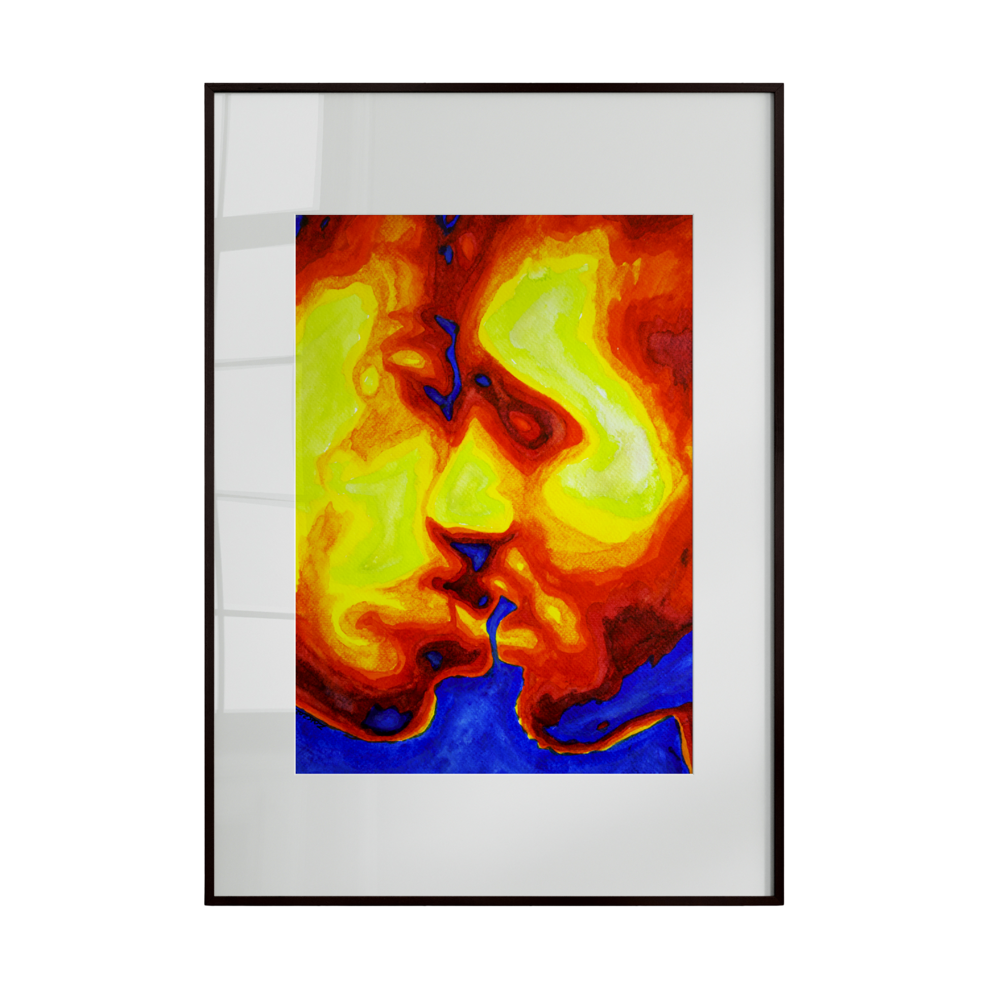 Framed abstract artwork with fiery colors on a white background