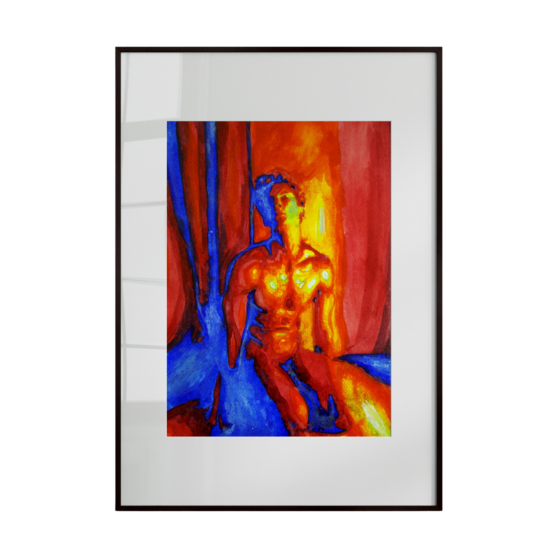 Framed abstract artwork with a central figure in vibrant colors on a white background