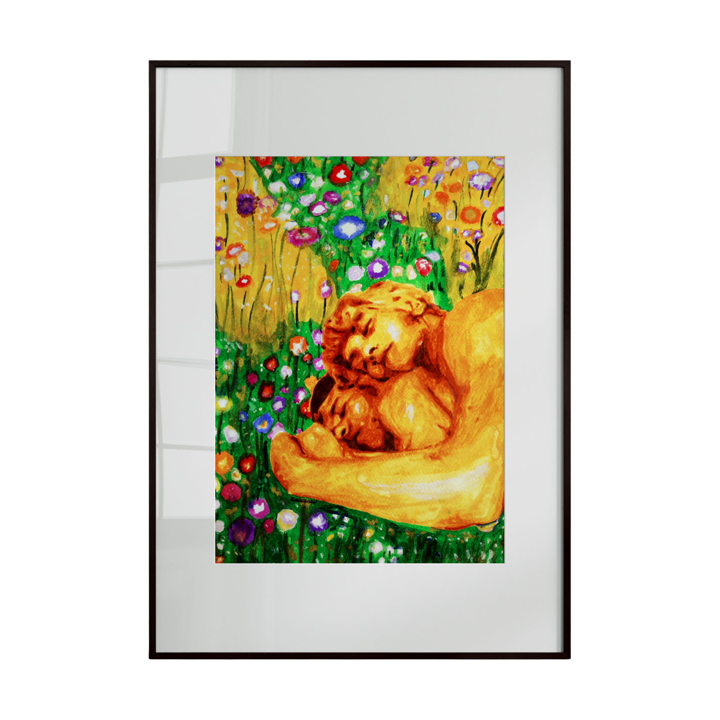Framed artwork of a lion lying in a field of flowers with a child on its chest.