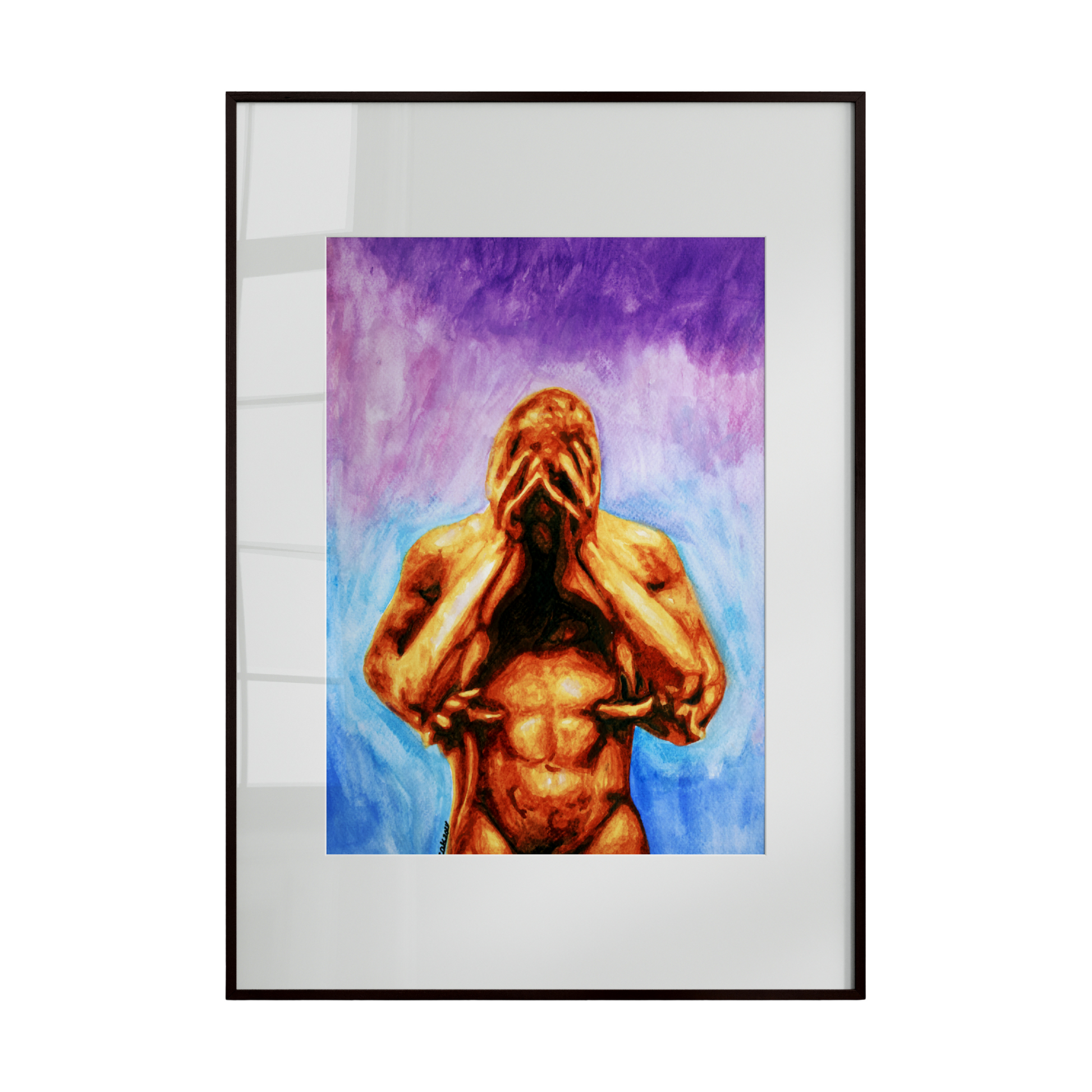 Framed artwork of a nude figure with a colorful abstract background