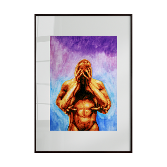 Framed artwork of a nude figure with a colorful abstract background