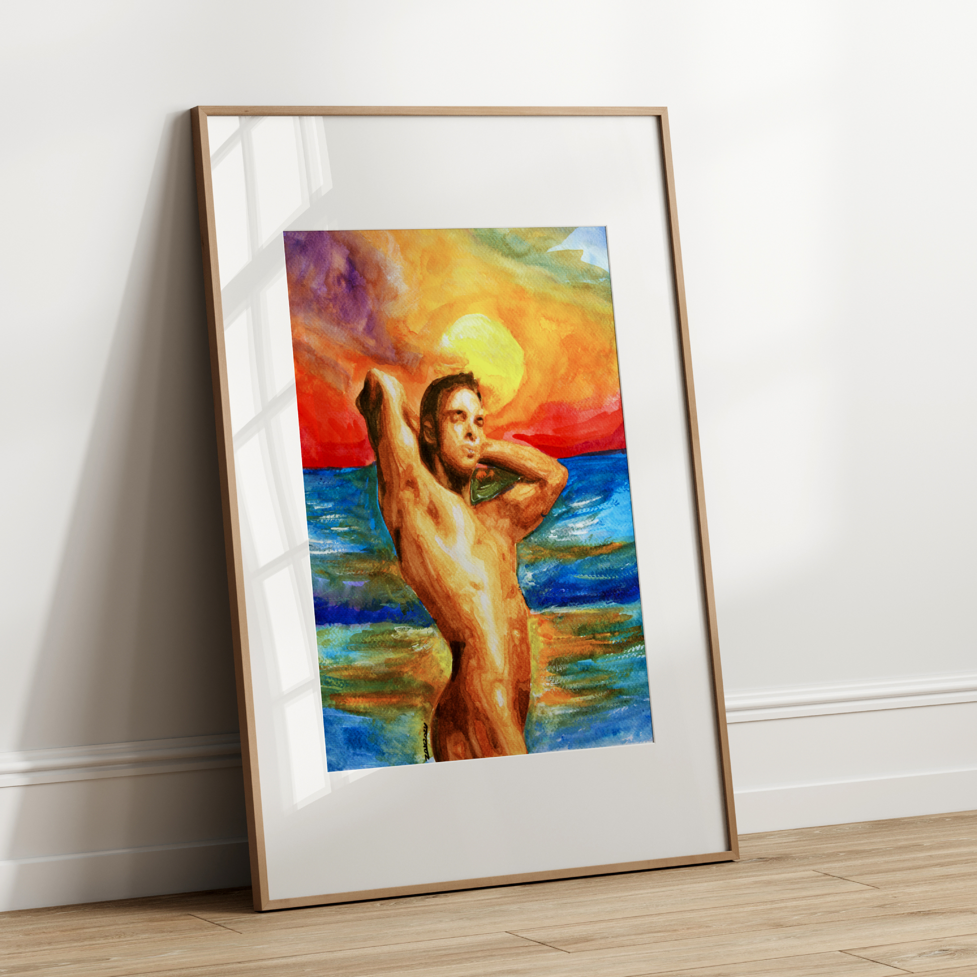 Watercolor painting of a muscular nude young man standing by the ocean at sunset, flexing his arms behind his head. The sky glows with warm golden hues blending into deep blue sea, symbolizing queer pride, strength, and serenity.