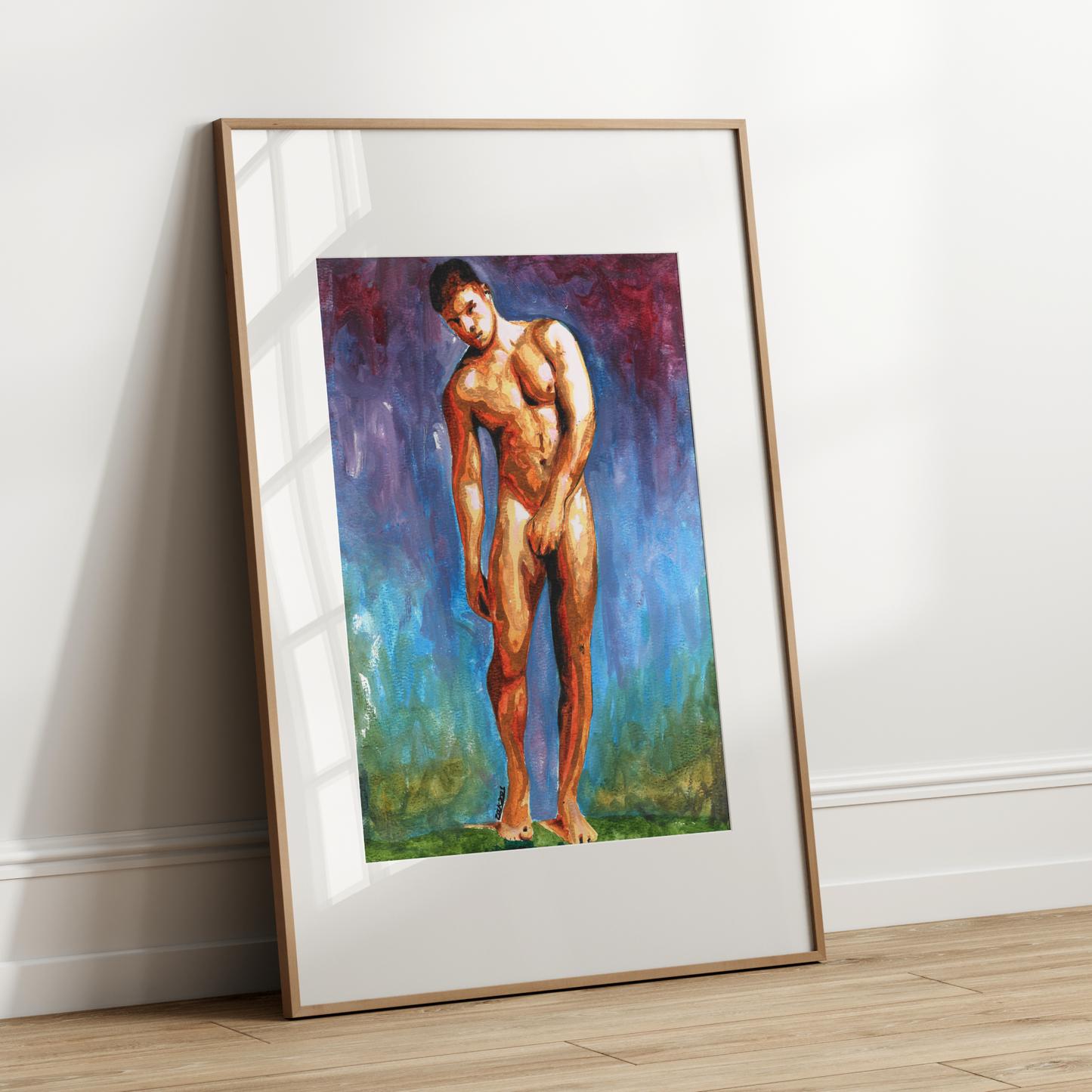 Framed painting of a nude figure leaning against a white wall.