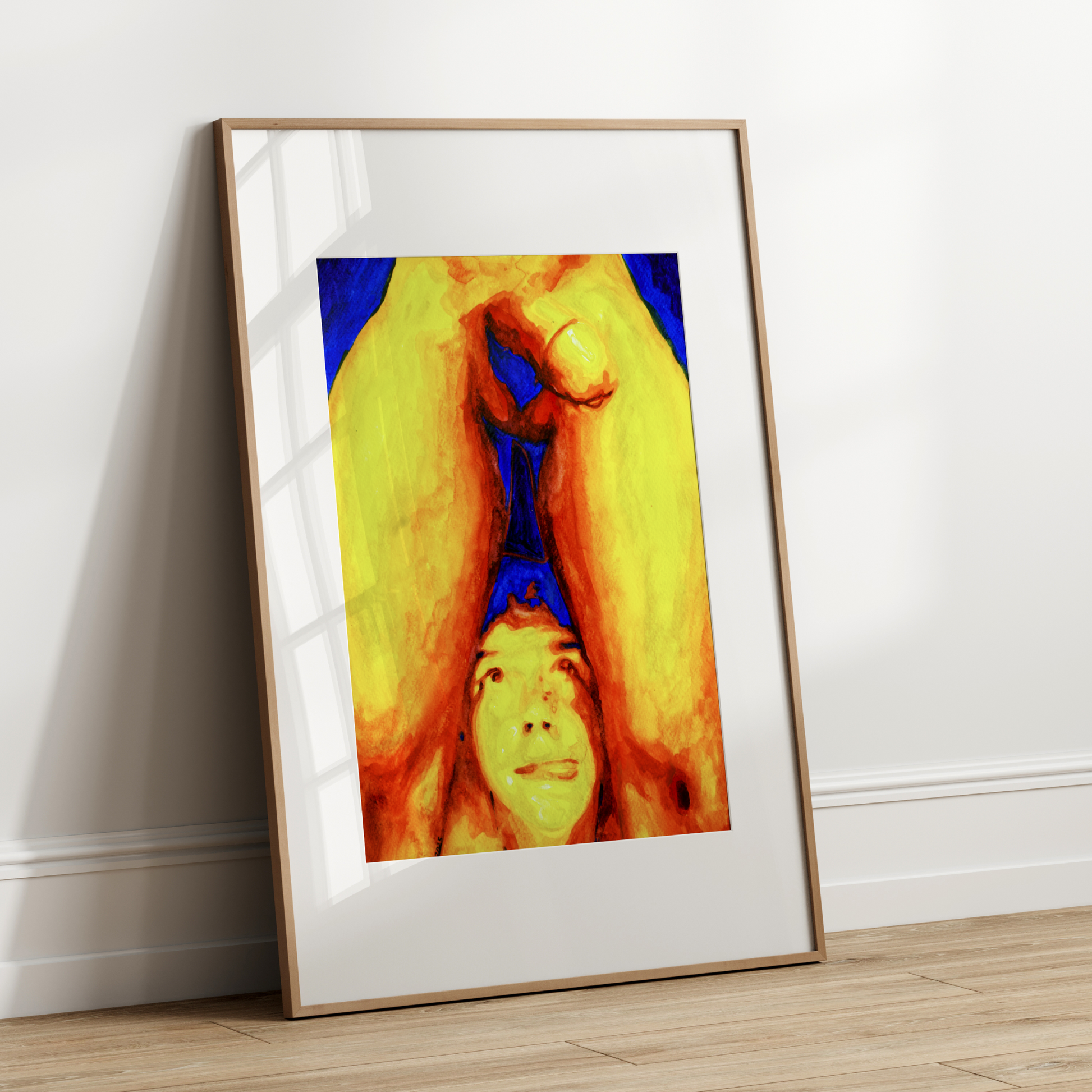 Playful gay erotic watercolor painting of a semi-nude man looking upward with a teasing tongue-out expression, showcasing queer sensuality 