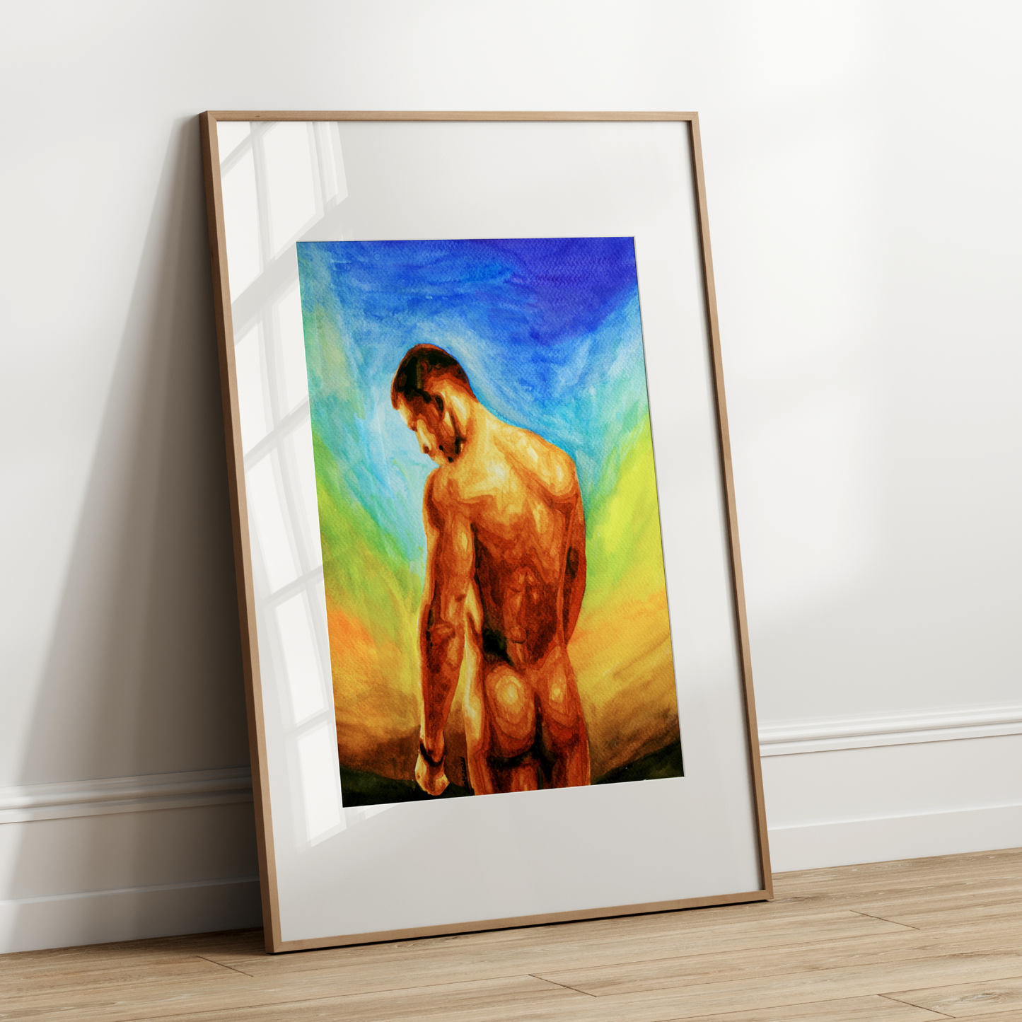 Watercolor painting of a nude man with a strong, beautiful body, proudly facing a rainbow-colored sunset sky, symbolizing queer pride, strength, and self-liberation. Original Zak Pop Art.