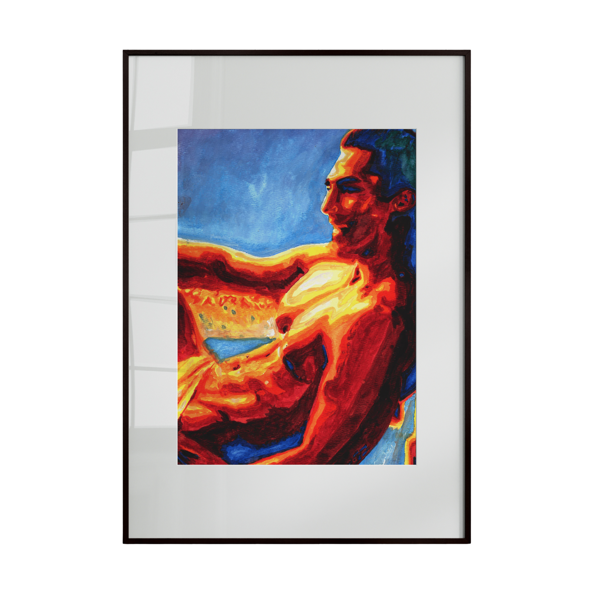 This original painting depicts a confident male figure posed against a serene beach backdrop. Soft, natural tones highlight the calm atmosphere, while the figure’s posture conveys strength, presence, and quiet self-assurance.