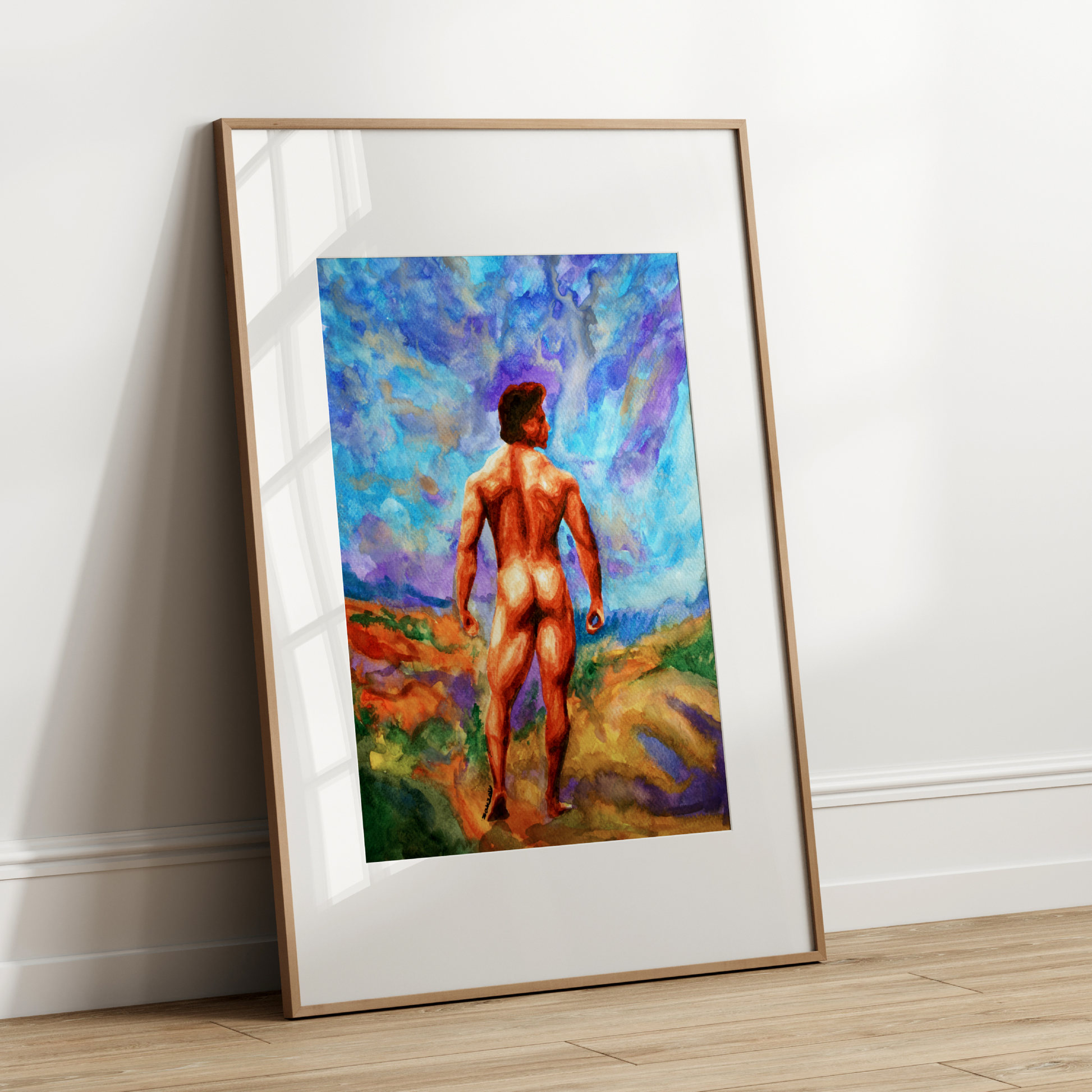 Framed painting of a nude figure against a colorful abstract background on a white wall.