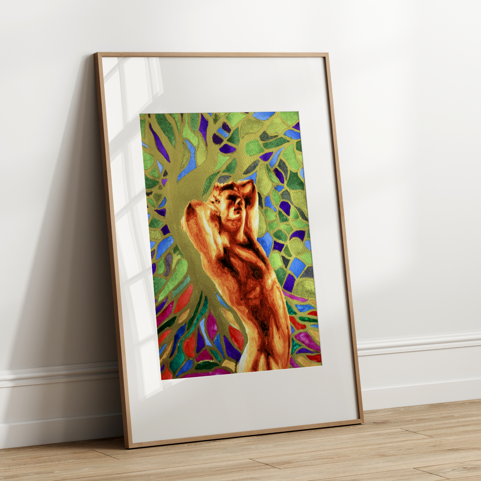 Framed artwork of a stylized animal on a white wall