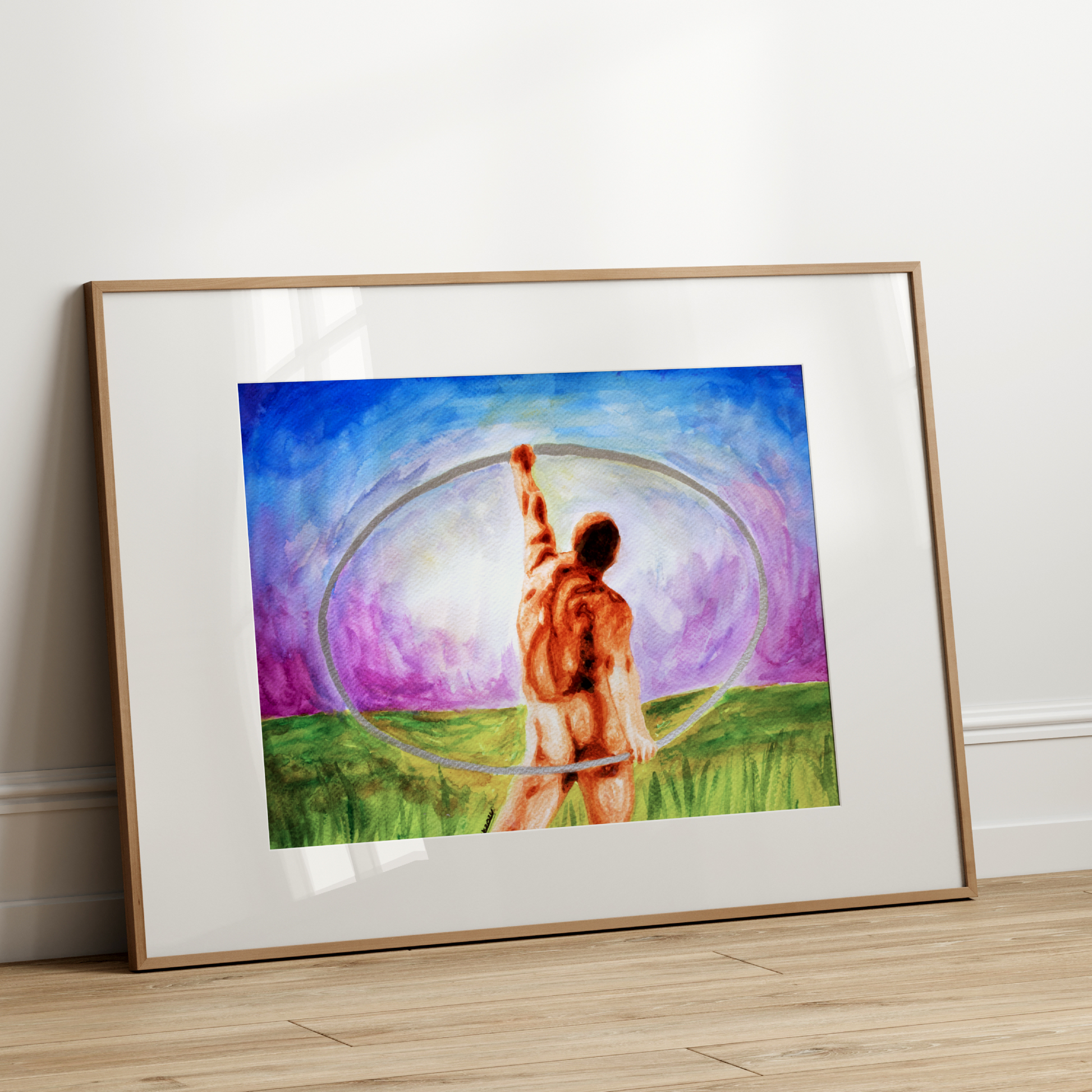 Framed artwork of a person with a hula hoop against a colorful background on a white wall.