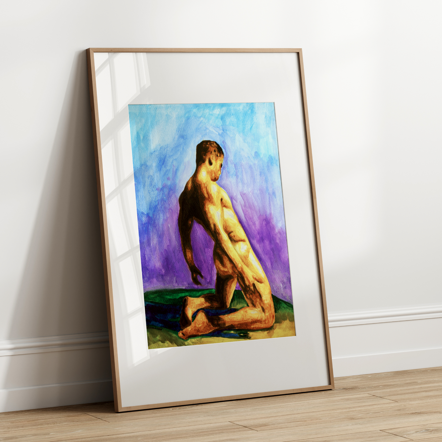 Watercolor painting of a nude man kneeling from behind in a grassy field under a bright blue sky, expressing calm, strength, and queer identity.