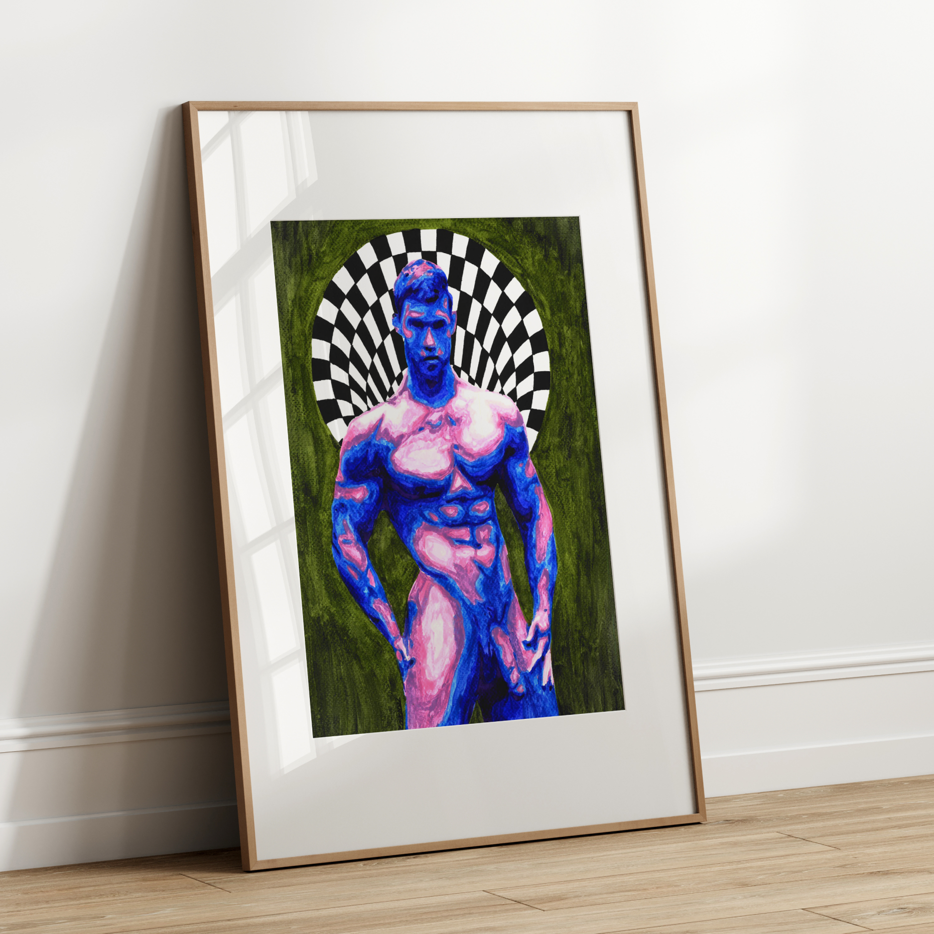 Framed artwork of a muscular figure with a checkered halo on a white wall.