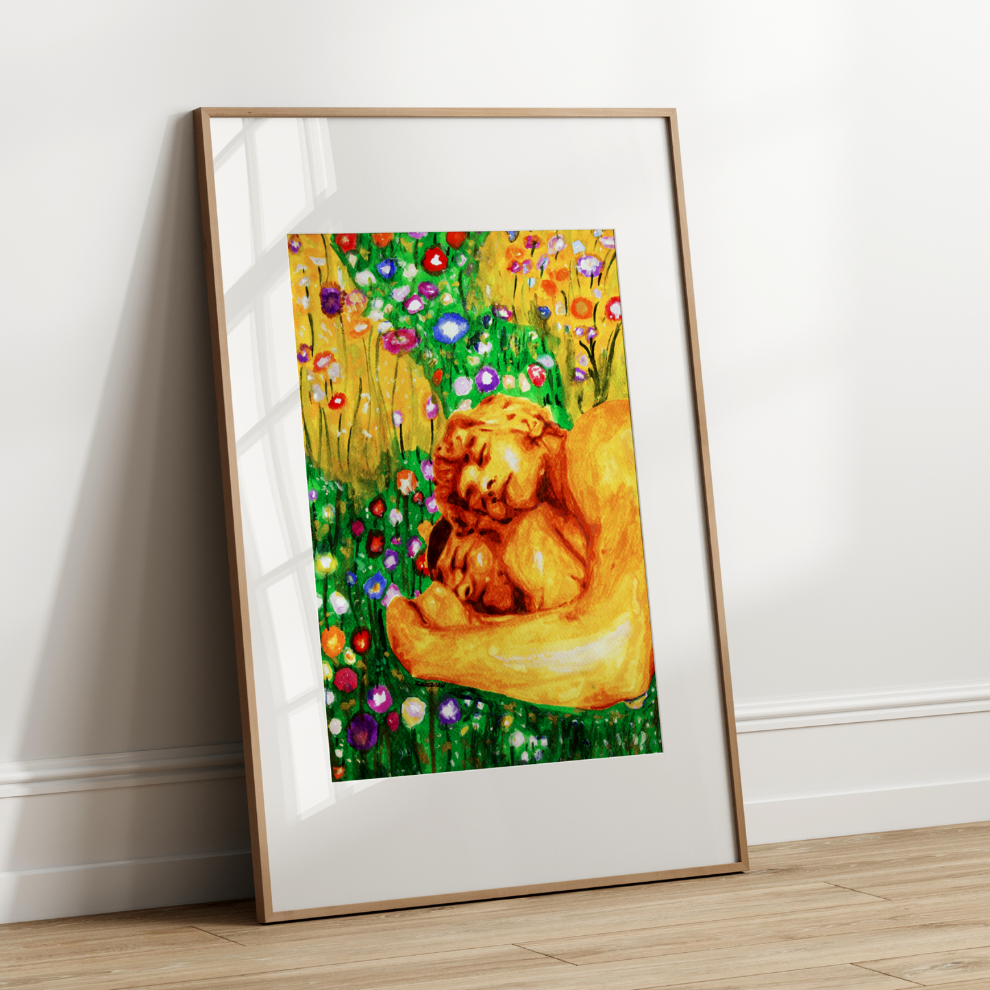 Watercolor of two nude men lying in a flower-filled field, holding each other, painted in a Klimt-inspired golden style.