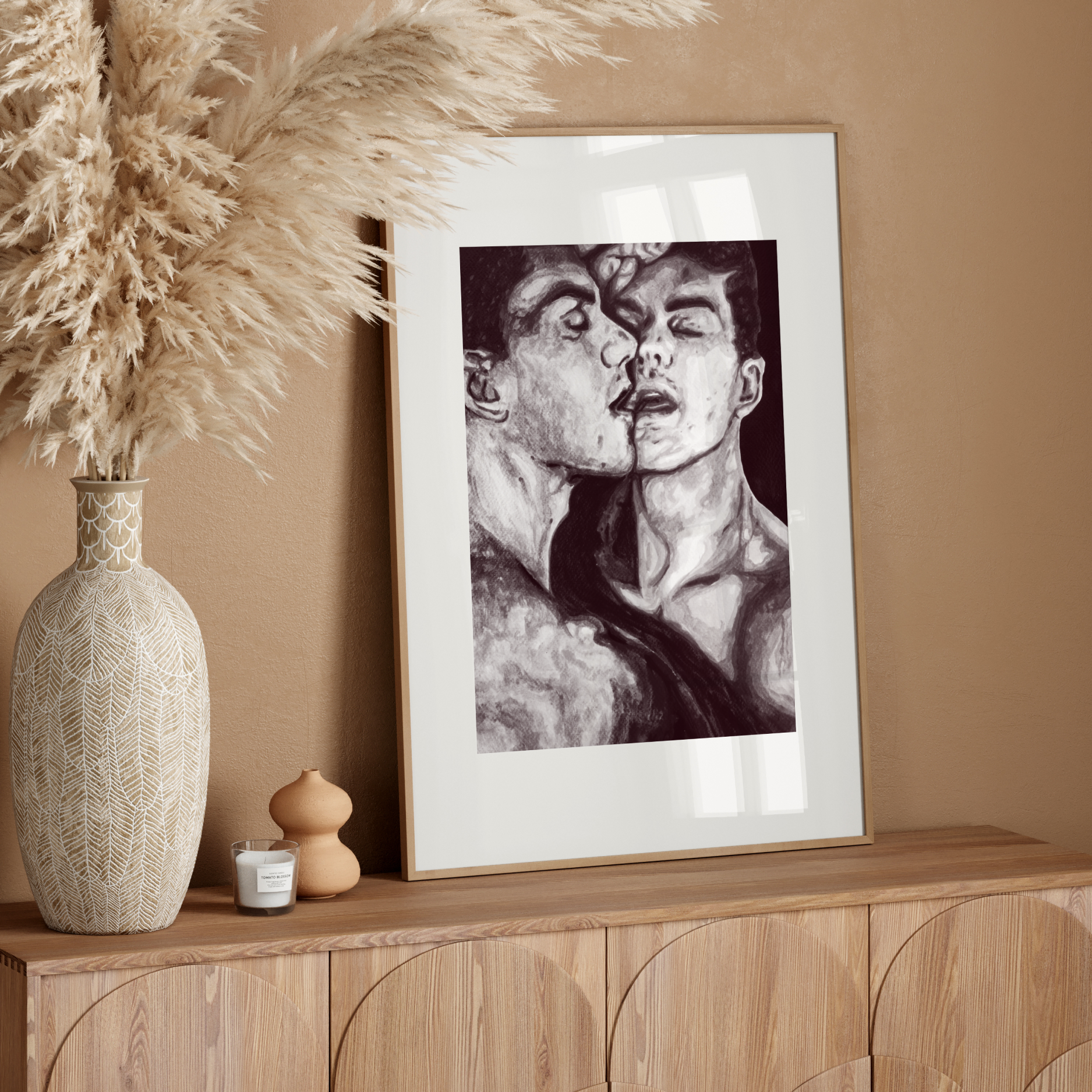 Framed artwork of a face on a wooden sideboard with decorative elements.