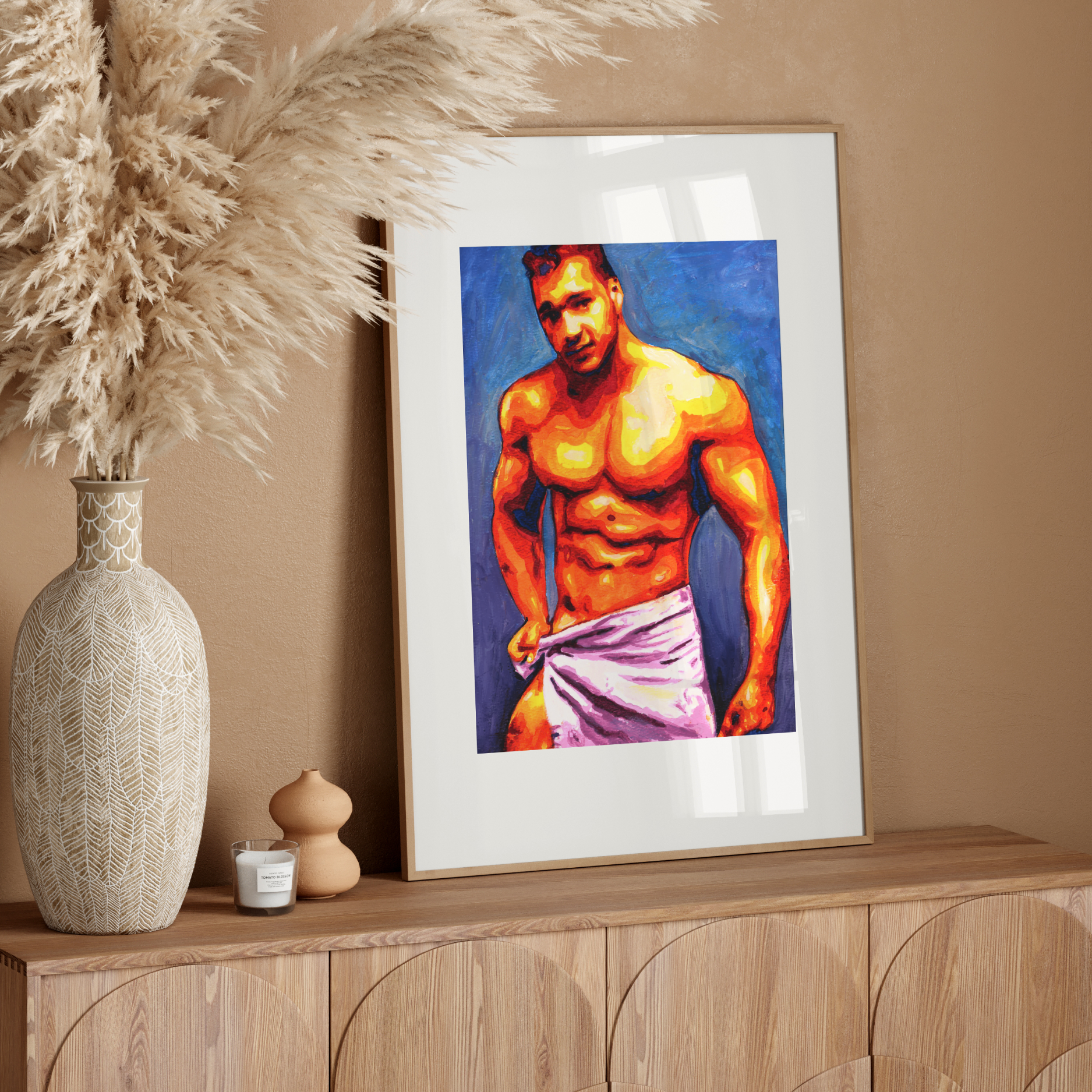 Framed artwork of a muscular figure on a wooden sideboard with decorative elements.