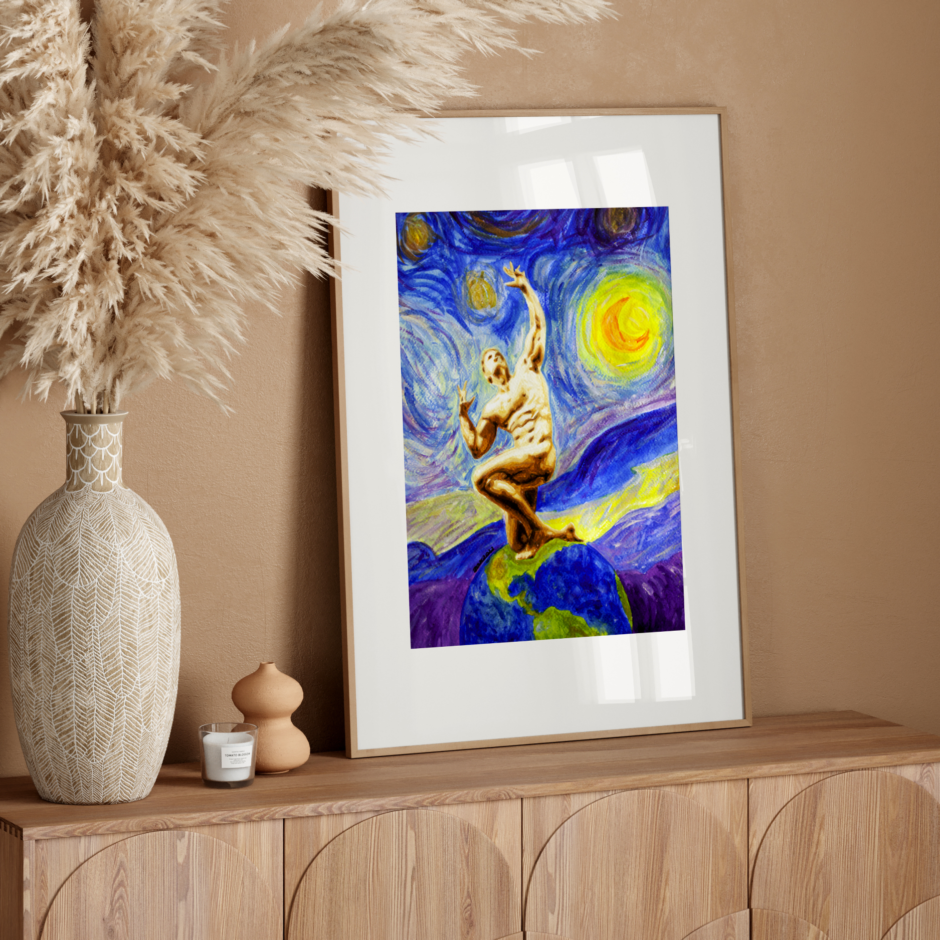Framed artwork of a dancing figure on a starry night background, placed on a wooden cabinet with decorative elements.