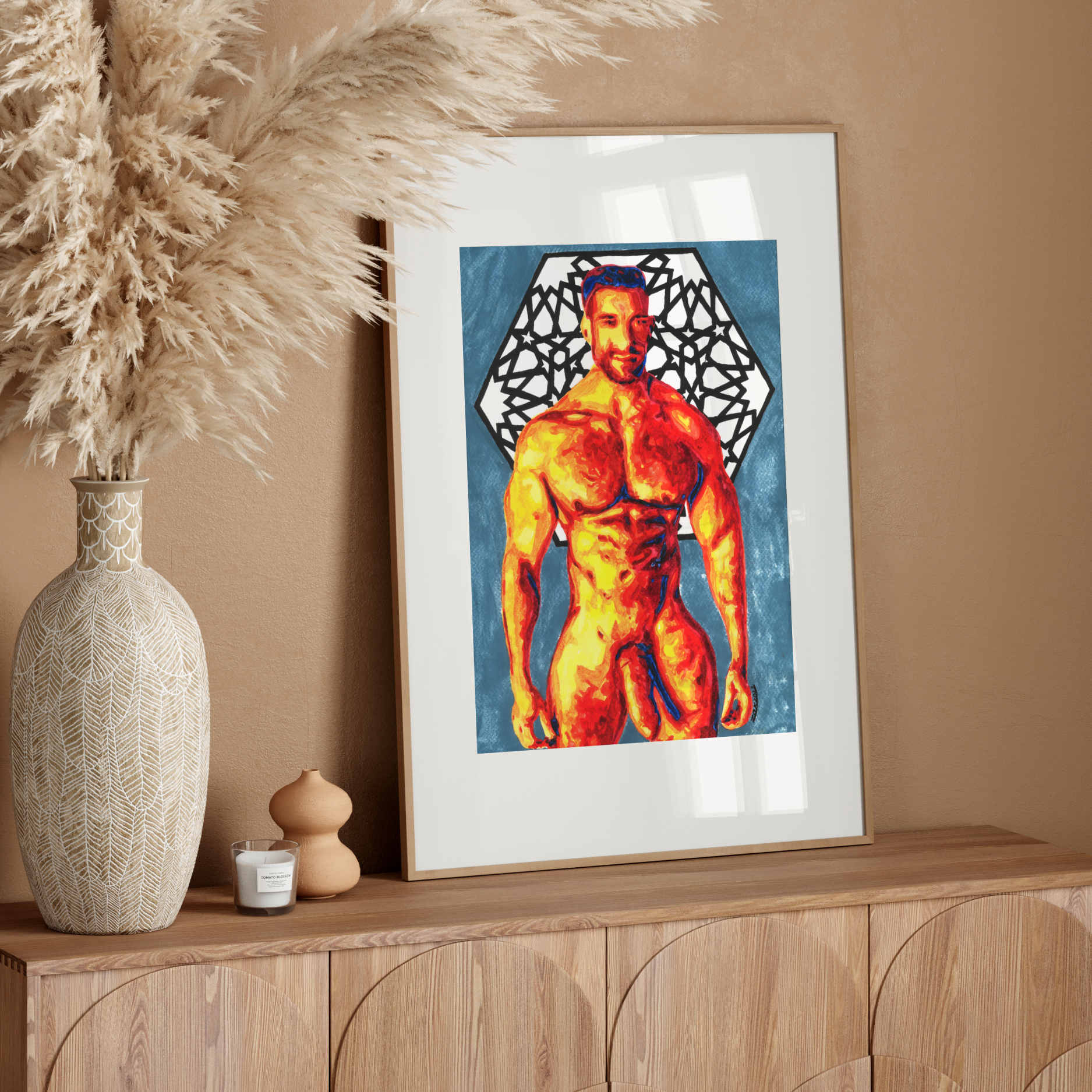 Framed artwork of a muscular figure on a wooden sideboard with decorative elements.