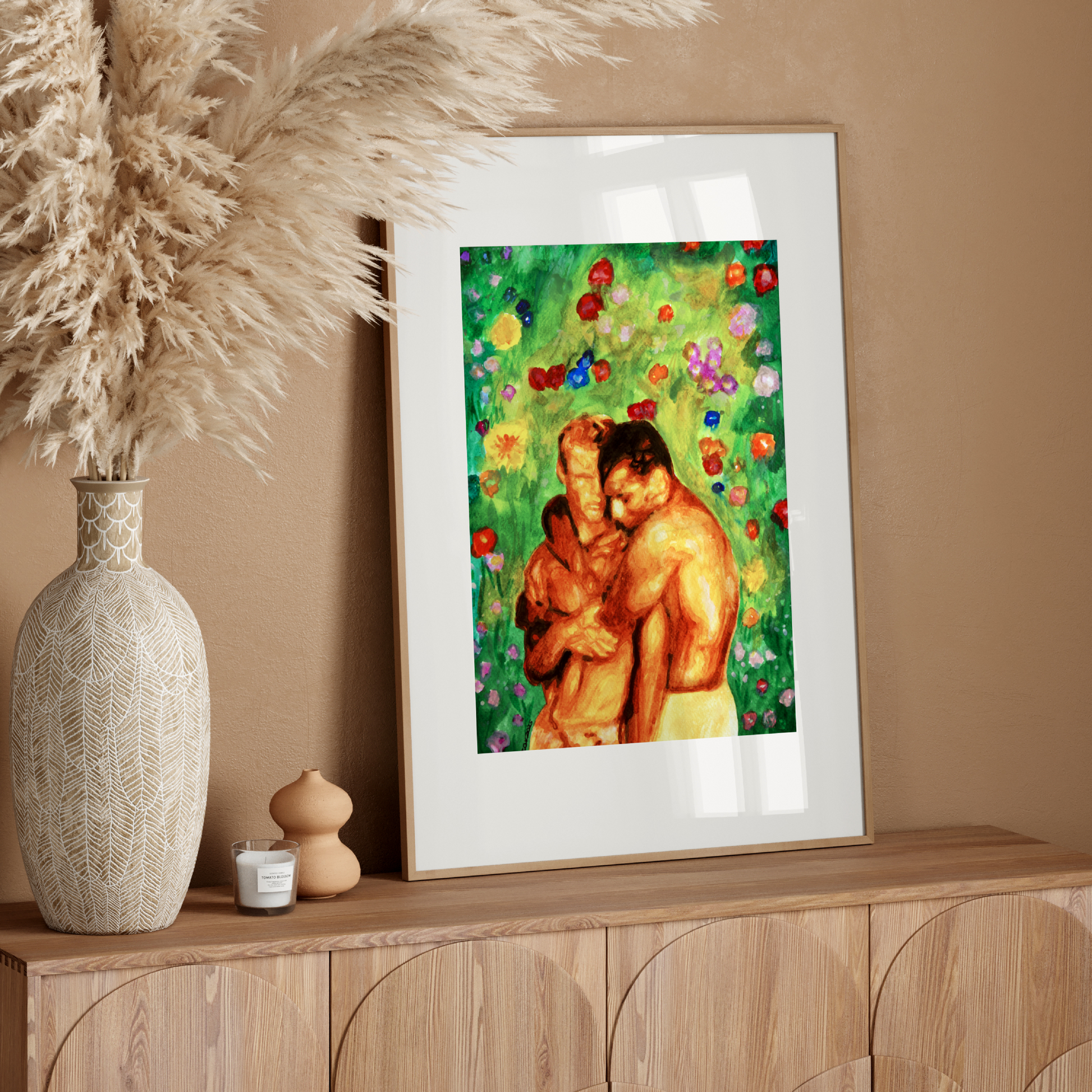 Romantic watercolor illustration of a gay couple embracing tenderly in front of a lush green garden with blooming flowers. LGBTQ+ pride and love celebrated in vibrant color.