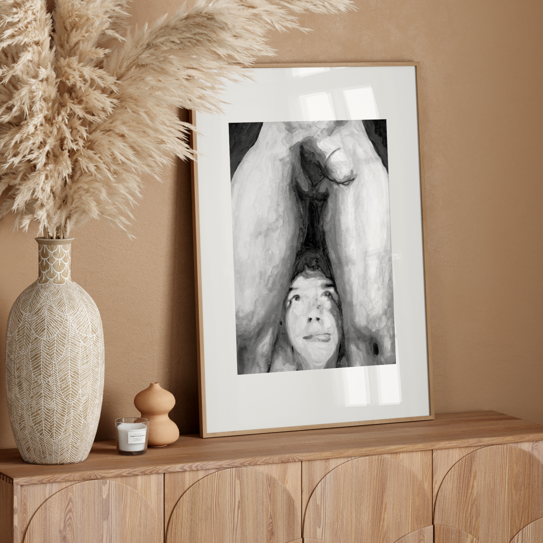 Black and white gay erotic illustration of a playful man licking his lips while looking up at a male figure, with suggestive body language.